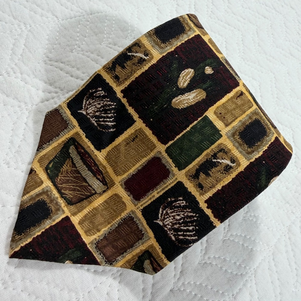 JZ Richards Mens Silk Necktie Geometric Pattern Burgundy‎ Gold Green Brown